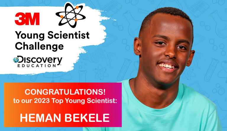 headshot of Heman Bekele on a blue background with the text "CONGRATULATIONS! to our 2023 Top Young Scientist: HEMAN BEKELE"