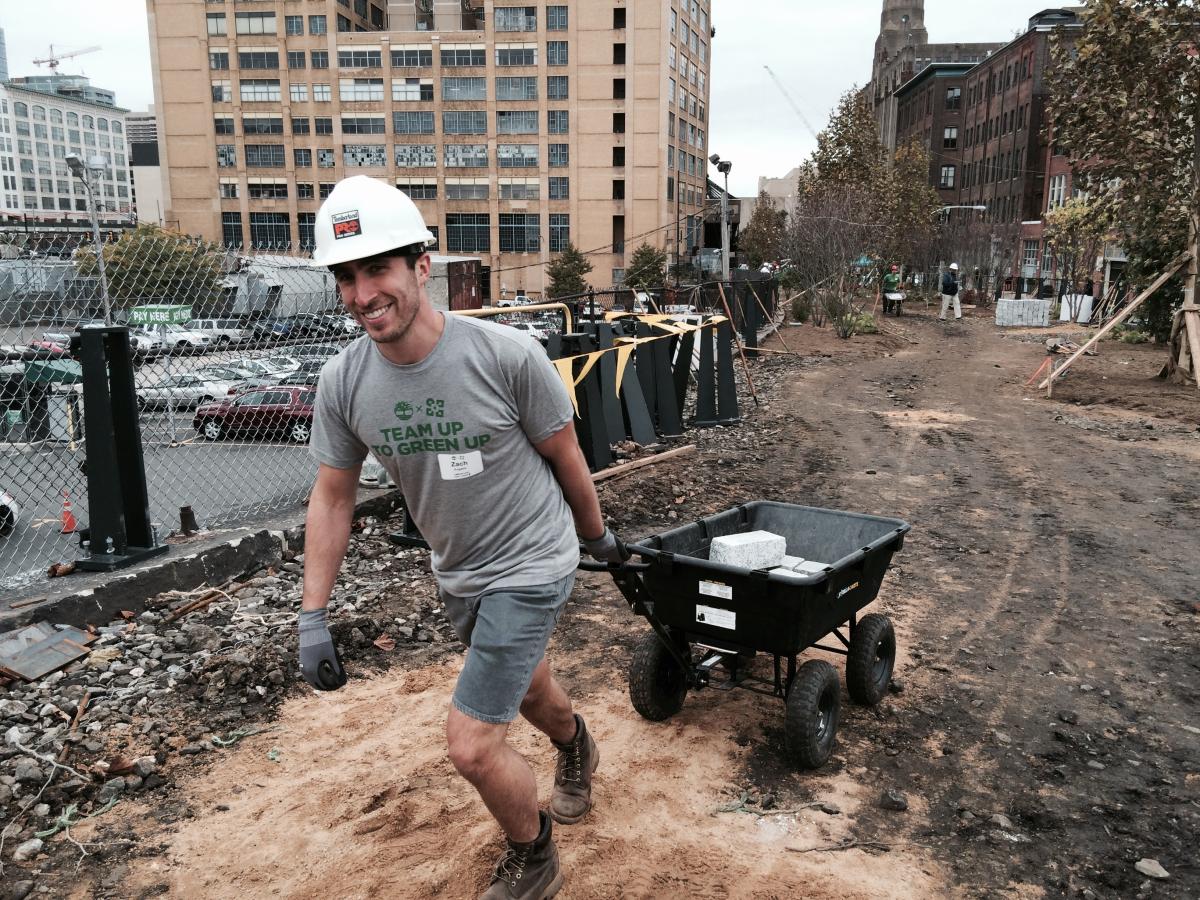 Zack Angelini pulled on his boots to serve at Timberland's recent Urban Greening initiative in Philadelphia, PA.