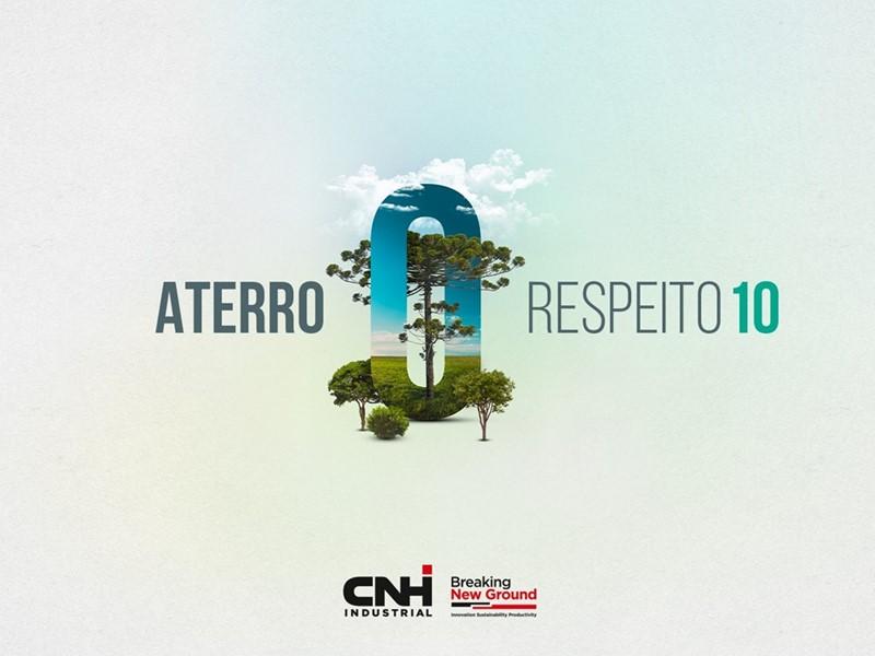 CNH Industrial’s zero waste accomplishment acts in support of the UN’s global Sustainable Development Goals. "Aterro Respeito 10" with CNH logo and a large 0 with sky, grass and trees integrated.
