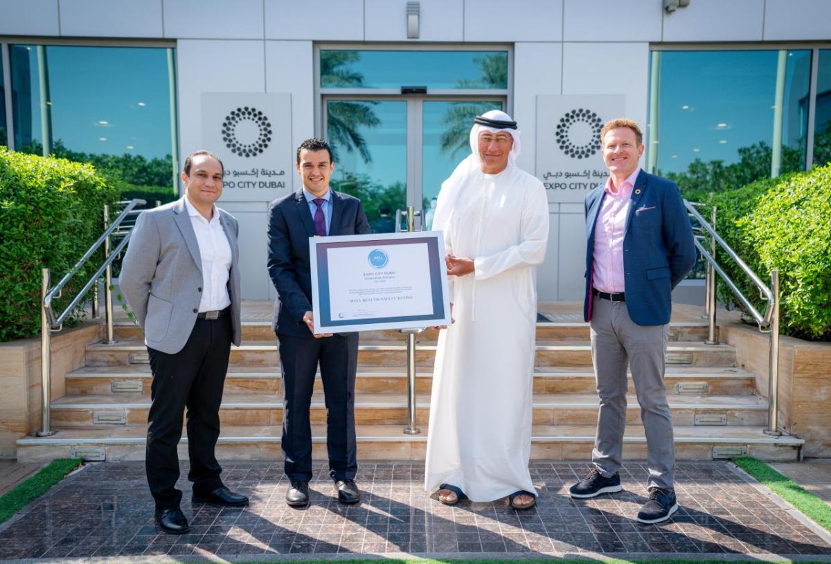 Pictured (from L to R) are Arsany Louka, Senior Manager - Sustainability, Expo City Dubai; Tekha Selim, Vice President and Head of MENA Region, IWBI; Ahmed Al Khatib, Chief Development and Delivery Officer, Expo City Dubai; and Matt Brown, Chief Sustainability Officer, Expo City Dubai. Expo City Dubai is awarded the WELL Health-Safety Rating.