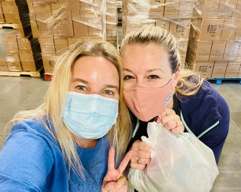 L to R: Luciana Powell, a fellow AppD employee, and Jamelyn volunteering at the North Texas Food Bank during pandemic