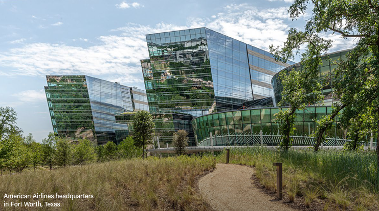American Airlines headquarters in Fort Worth, Texas. Tall, angular, office building