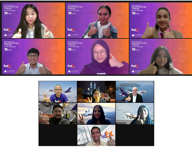 a group of thirteen people appearing in virtual screens, FedEx logos in each corner