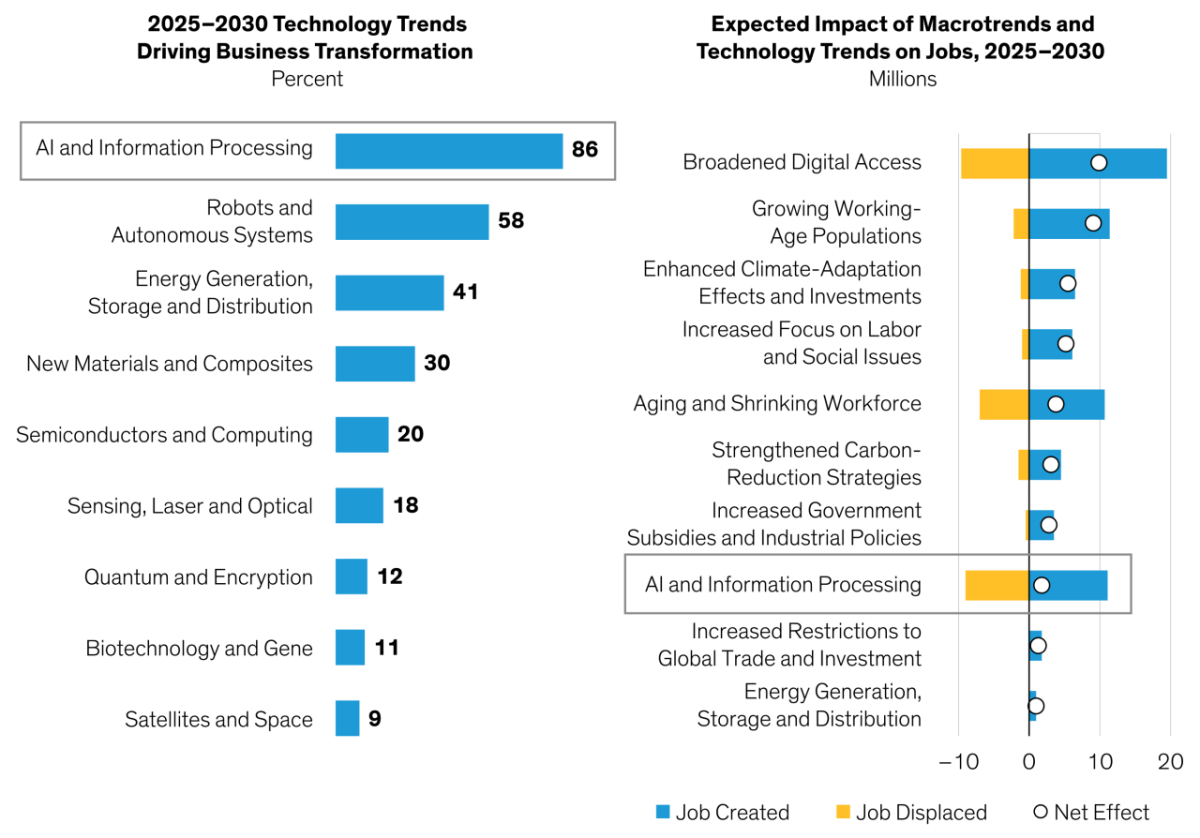2025-2030 Technology Trends Driving Business Transformation by percent; Expected Impact of Macrotrends and Technology Trends on Jobs, 2025-2030 by millions