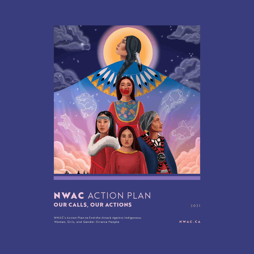 Drawing of Indigenous women with text: NWAC Action Plan, Our Calls, Our Actions