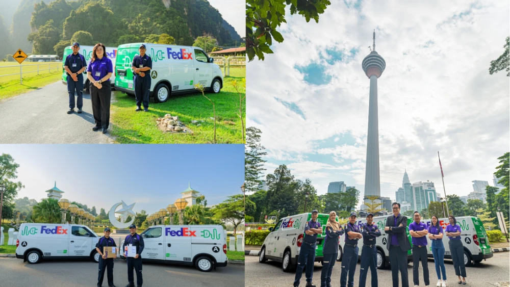 Collage of FedEx employees next to vehicles