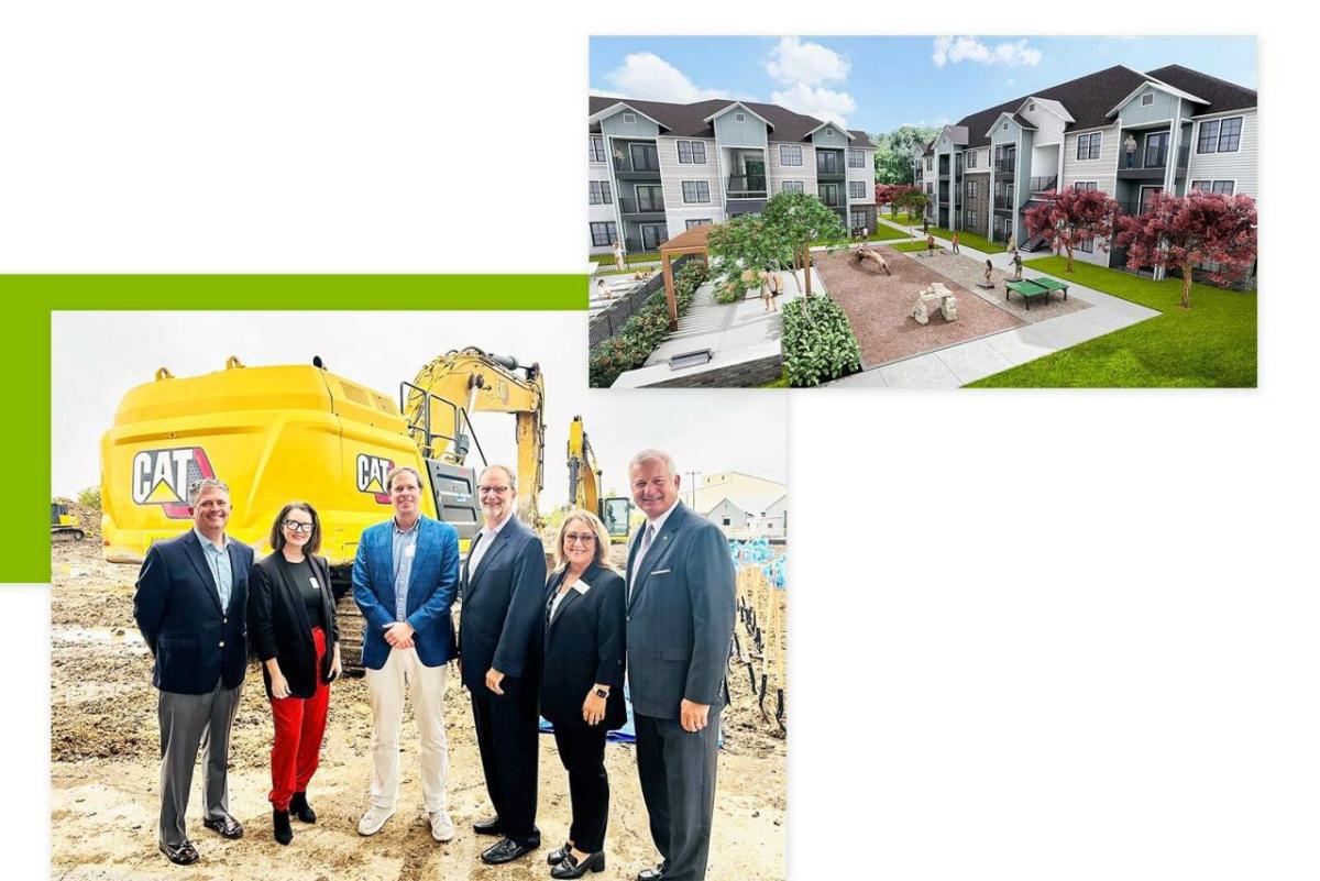 Two images: a digital rendering of the finished housing project, and a large construction machine behind a group of six posed people.