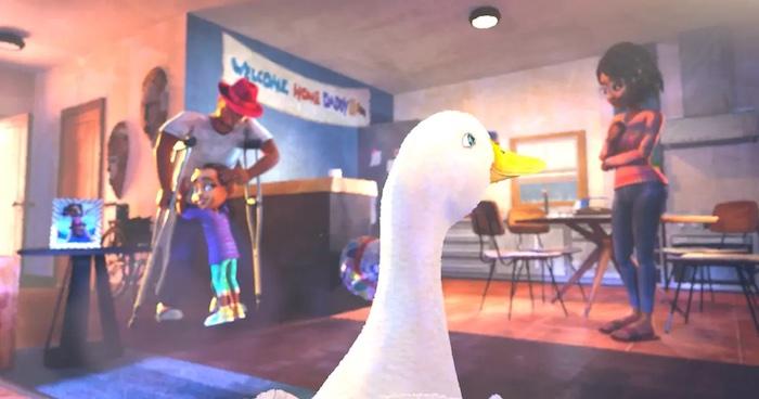 Aflac Close the Gap image. Young African American child is hugging an adult on crutches. The Aflac duck is in the foreground and a young African American female is standing with her arms crossed in the background.
