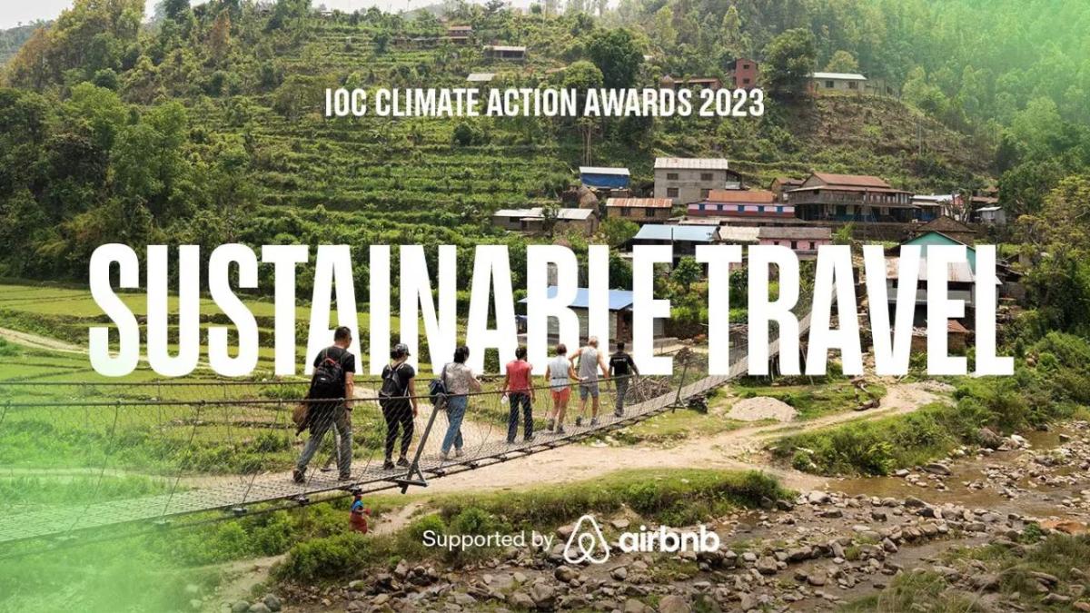 "Sustainable Travel" and a line of hikers on a path.