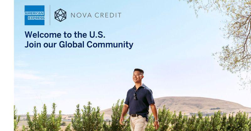 American Express and Nova Credit: Welcome to the US; Join our Global  Community. Man walking next to trees. 