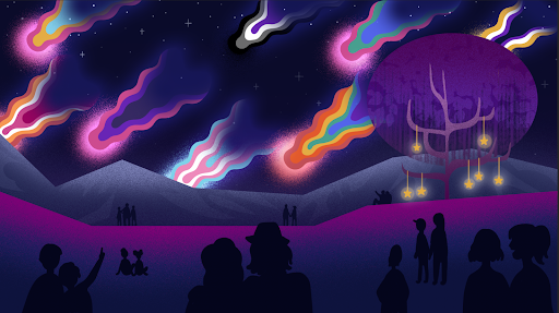 original art work, a night sky in a park setting, many couples and people seen as black silhouettes. Comets of different LGBTQ+ colors in the sky