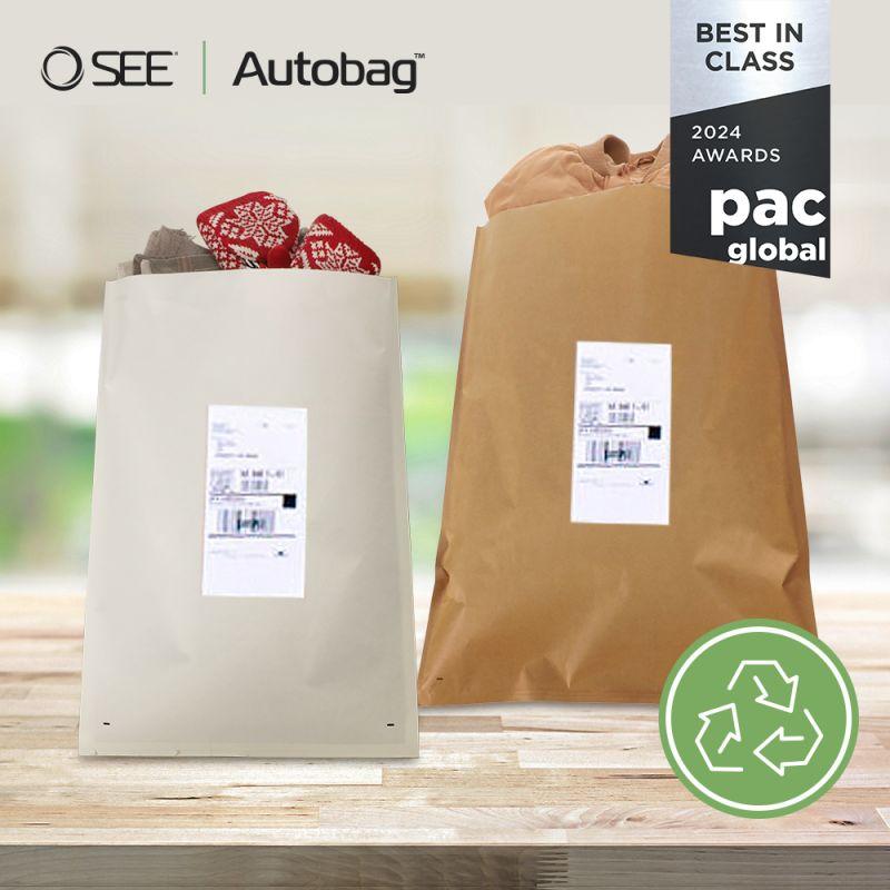 Two shipping bags with items inside on a flat wooden surface. SEE and Autobag logos. "Best in Class 2024 Awards pac Global" badge and recycling symbol in the corner.