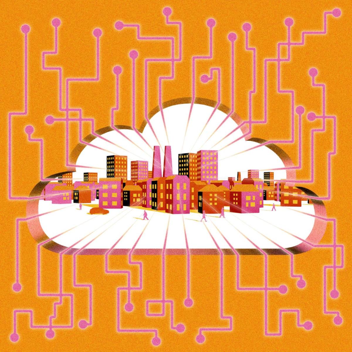 pink circuit board wiring connecting to a pink and orange city in a cloud