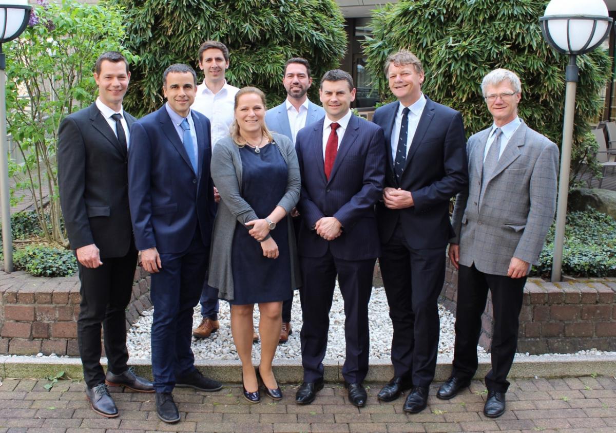 Bayer Animal Health and Nutreco collaborate to drive novel technologies and applications for animal health and nutrition. From left to right: · Dr. John Doelman, Dairy Research Lead, Trouw Nutrition · Dr. Javier Martín-Tereso, Manager Ruminant Research, Trouw Nutrition · Dr. Stephan Groeger, Dairy Innovation, Bayer Animal Health · Dr. Christina Mertens, Head of Dairy Innovation and Science Intelligence, Bayer Animal Health · Mr. Eduardo Pontes, Dairy Innovation, Bayer Animal Health · Mr. Tim Hickman, Global Director Ruminants, Trouw Nutrition · Mr. Rinse Boersma, Head of Dairy Species Marketing, Bayer Animal Health · Dr. Thomas Ilg, Head of Pharmacology I, Bayer Animal Health