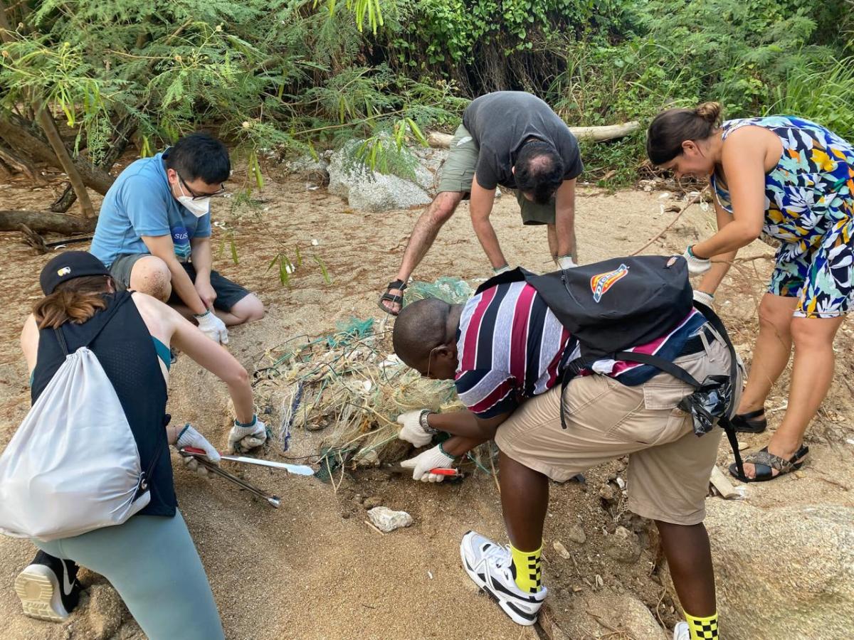 A group of people cleaning a beach.