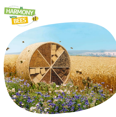 A field of crops and flowers, bees flying around and a large circular beehive.