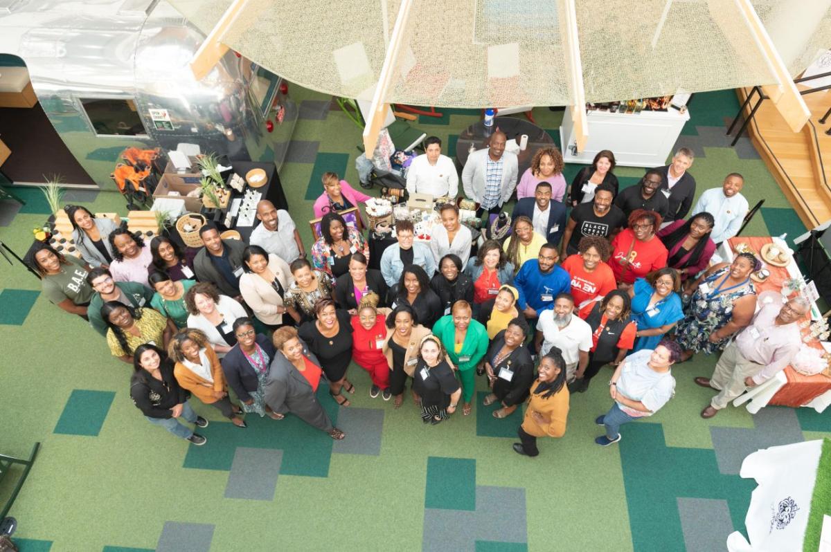 Aerial view of a group of people in an open space.