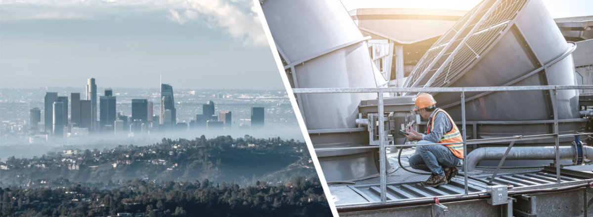 Left: City skyline. Right: Electrician working on top a building