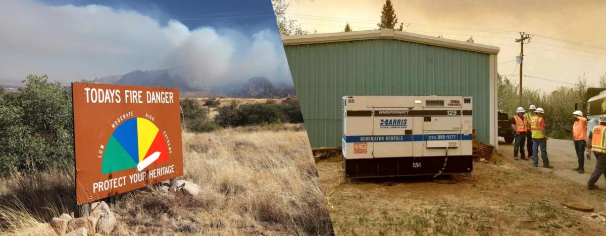 split images of fire danger scale and a team next to an outdoor generator