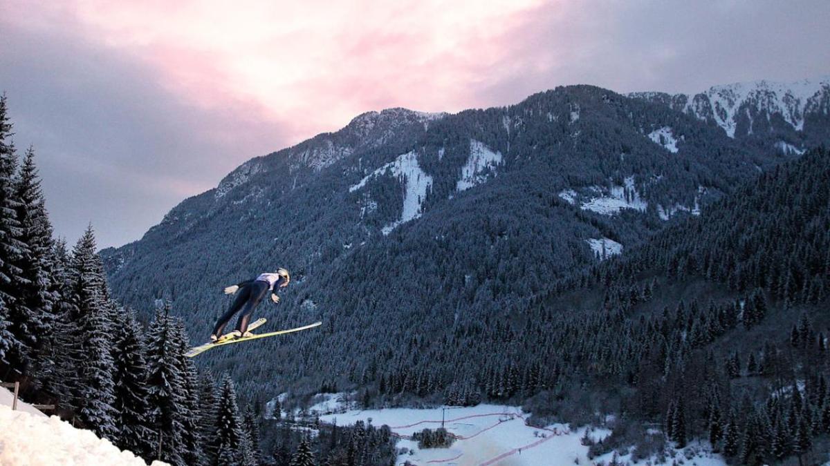 Ski jumping down a mountain