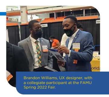 Photo with text: Brandon Williams, UX designer, with a collegiate participant at the FAMU Spring 2022 Fair. 