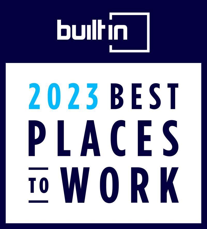 Logo for BuiltIn  and "2023 Best Places to Work" badge.
