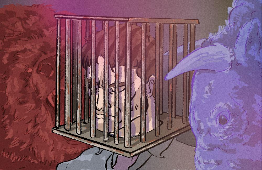 Image courtesy of Institutional Investor Illustration of person with head in cage with a bull and a bear on either side