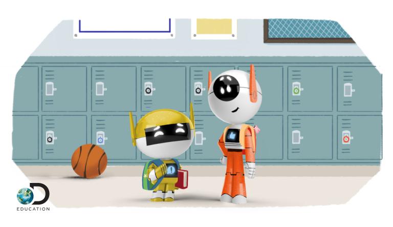 cartoon characters in front of lockers
