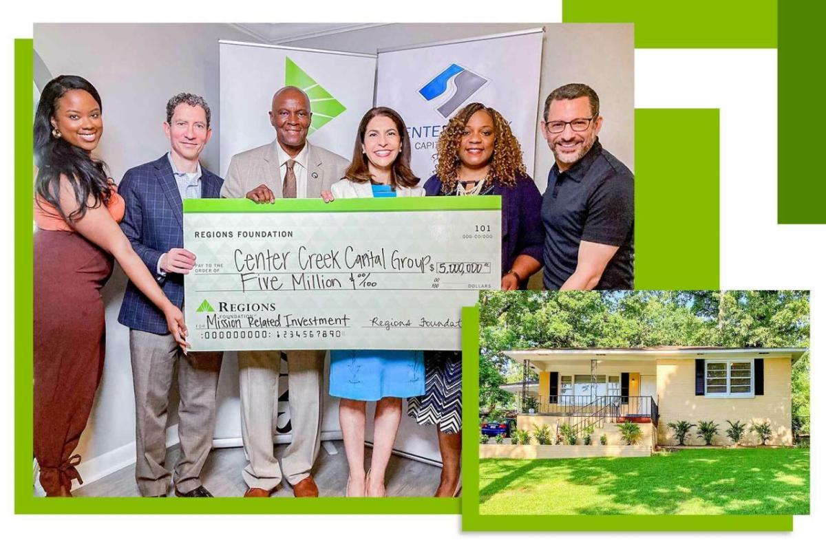 Collage of two photos, a group of six people holding a large check and the front of a home.