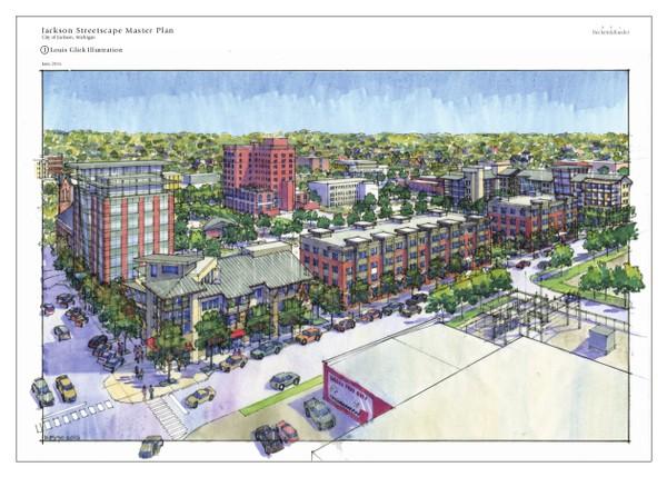 City renderings of proposed developments at Louis Glick Highway and Jackson Street. (Courtesy of the city of Jackson and MLive.com)