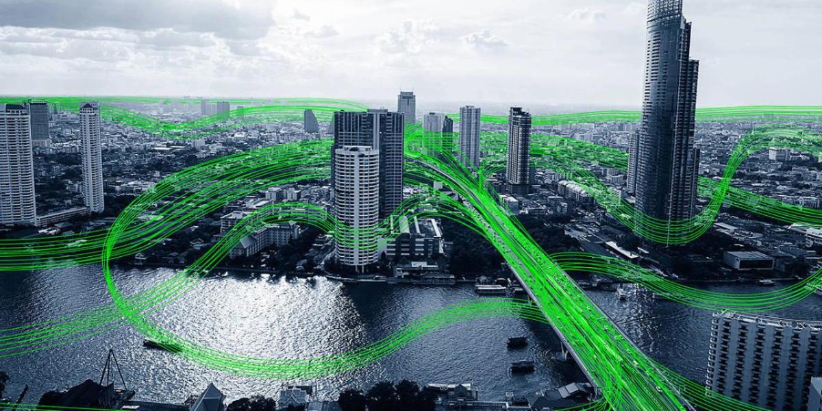 City shown with green waves going through out