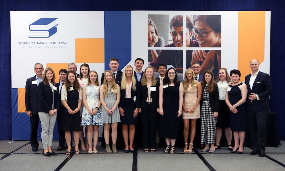CNH Industrial Chairperson, Suzanne Heywood (2nd from the left) and CEO, Hubertus Mühlhäuser (right), celebrate with the Sergio Marchionne Student Achievement 2019 Award Winners.