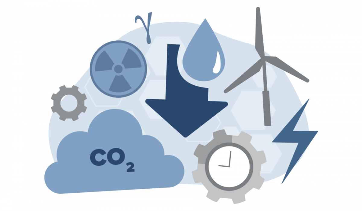 Abstract icons of gears, a cloud with co2 in it, lightning bolt, radiation, wind turbine