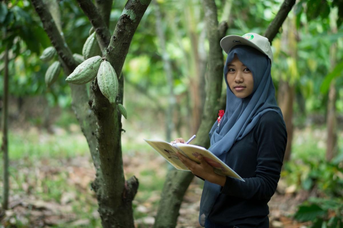 Woman near cocoa plant