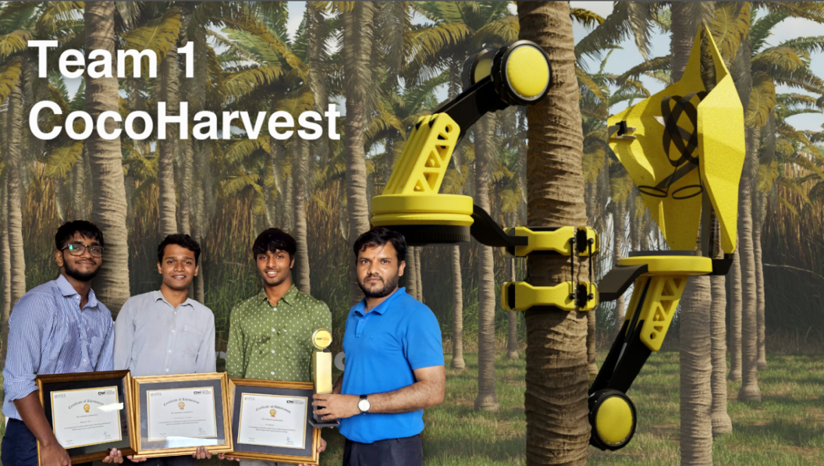 The 10-week program provided UPES students with practical knowledge and hands-on experience in the design and development of farm machinery. The winning team of Abhijith MS, Arvind M and Vrushadwaj Gunjari, along with their mentor Lavendra Shukla.