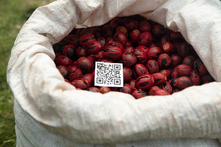 Bag of beans with QR code " "