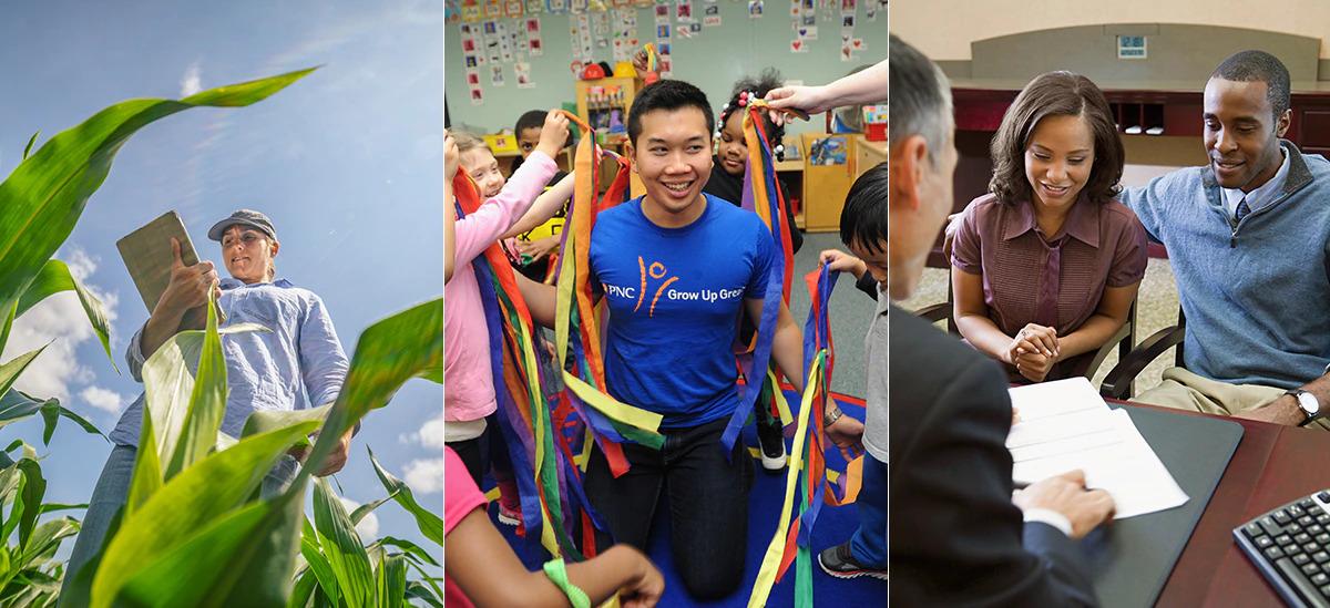 Collage of three pictures: a person standing in a corn field, a person in the middle of a group of children with colorful streamers, and a couple sitting at a desk across from someone handling paperwork