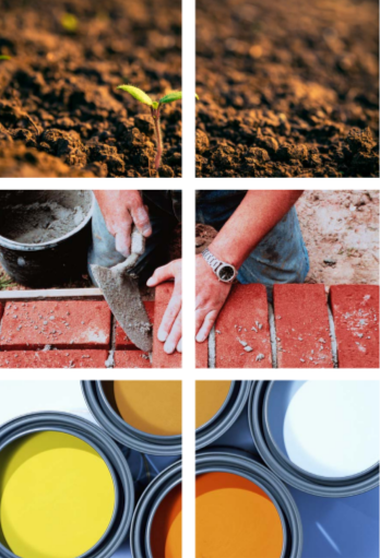 Collage of three photos: Close up of a plant sprouting in the ground, a person laying bricks and mortar, and open cans of paint.