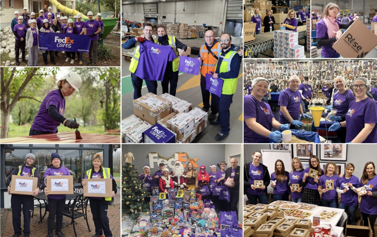 collage of FedEx employees volunteering