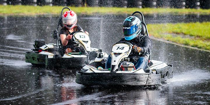 Drivers go head to head in David Higgins’ Olympus Rally Invitational Charity Karting event. Photo: © Aaron Kathman, subaru.com/rally 2017