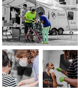 Collage of three photos: A person helping another who is using a walker. A portable tent and open trailer in the background. Two people wearing protective masks looking at the same paper. A person swabbing the nose of another.