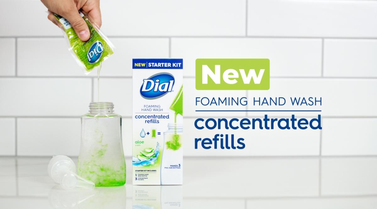 Dial Concentrated Refills carton packaging is made with 100% paper-based materials and the packets are recyclable through the Dial partnership with TerraCycle. New Foaming Hand Wash Concentrated Refills