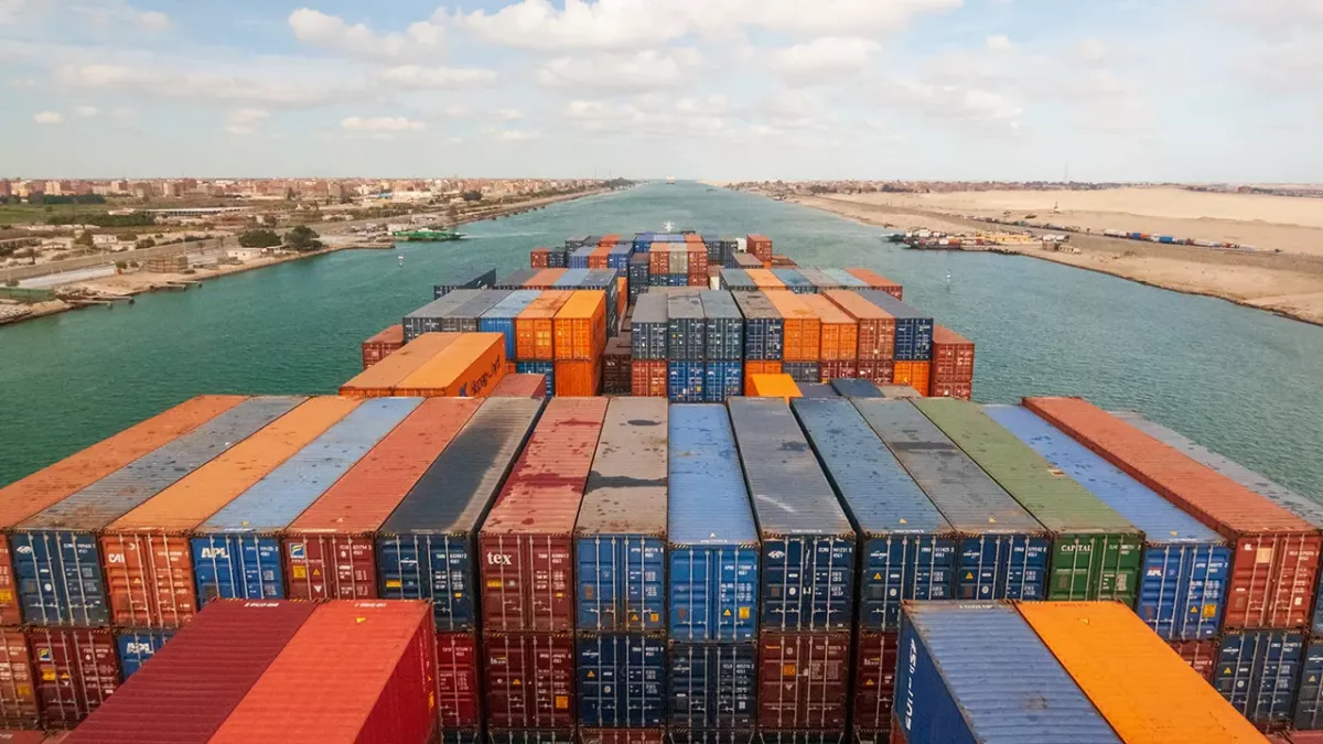 This 2017 file photo shows loaded containers stacked on a cargo ship in the Suez Canal. Shipping in the area has become more challenging recently, including for shipments sent by Direct Relief to healthcare facilities in Yemen and Sudan. (Photo by Camille Delbos via Getty Images)