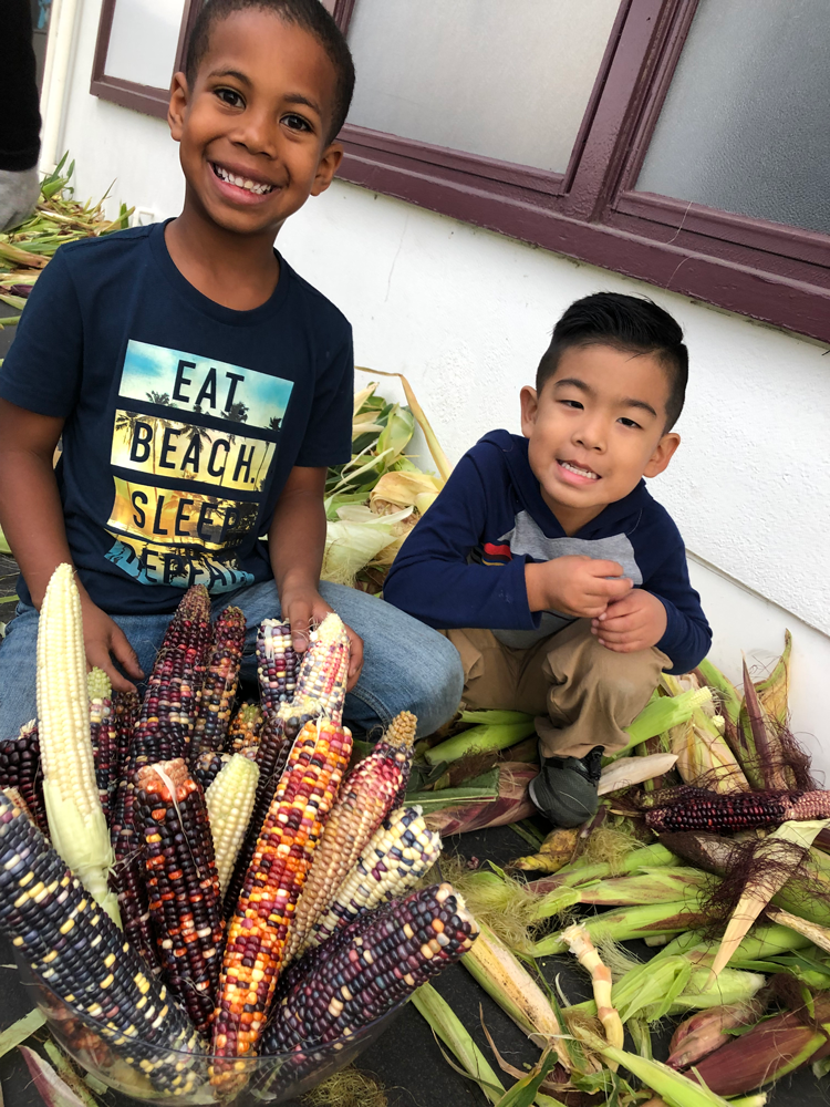 two children sitting with a bunch of corn and husks all around them