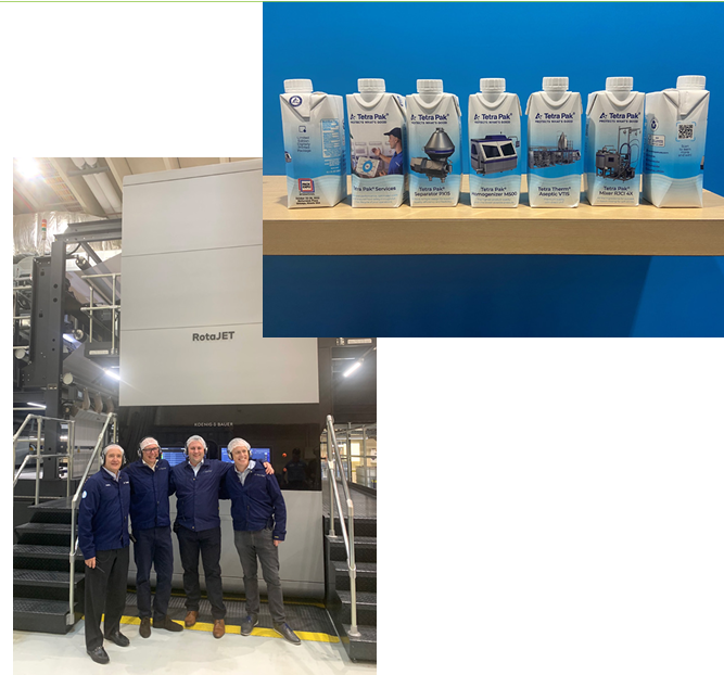 A group of four people in front of a large machine and a picture of cartons of milk.