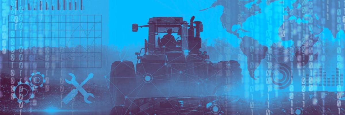abstract image of tractor in a blue background, a matrix of numbers, code, map overlayed