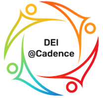 DEI @ Cadence surrounded by four abstract colorful symbols