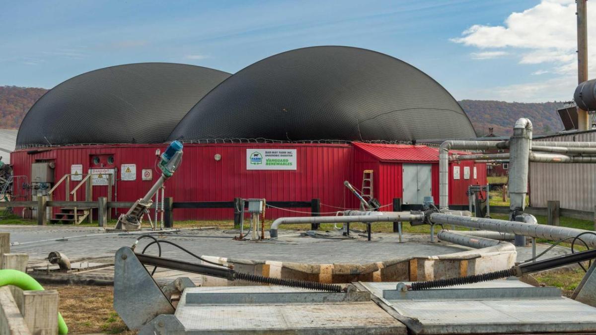 Two large domed buildings. "Vanguard Renewables" on the side.