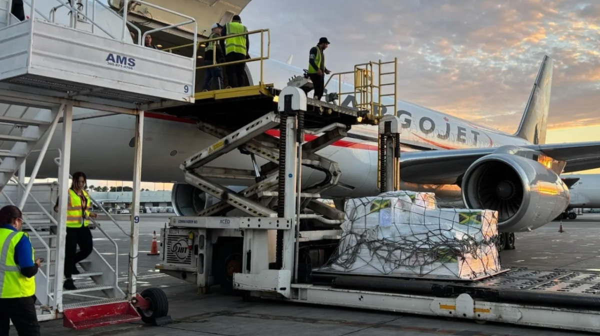 Sixteen tons of medical aid from Direct Relief are loaded onto a 757 charter in Miami bound for Kingston, Jamaica, on Nov. 8, 2025. The shipments contain essential medicines and supplies requested by Jamaica's Ministry of Health and Wellness after Hurricane Melissa. (Photos by Patrick Jackson)