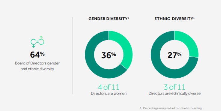 diversity pie charts, 64% board of directors gender diversity, broken down to two graphs of gender and ethnic diversity